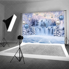 Aperturee - Aperturee Magical Blue and Silver Winter Wonderland Holiday Backdrop Featuring Frozen Waterfall and Snow Covered Trees