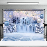 Aperturee - Aperturee Magical Blue and Silver Winter Wonderland Holiday Backdrop Featuring Frozen Waterfall and Snow Covered Trees