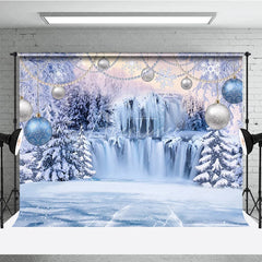 Aperturee - Aperturee Magical Blue and Silver Winter Wonderland Holiday Backdrop Featuring Frozen Waterfall and Snow Covered Trees