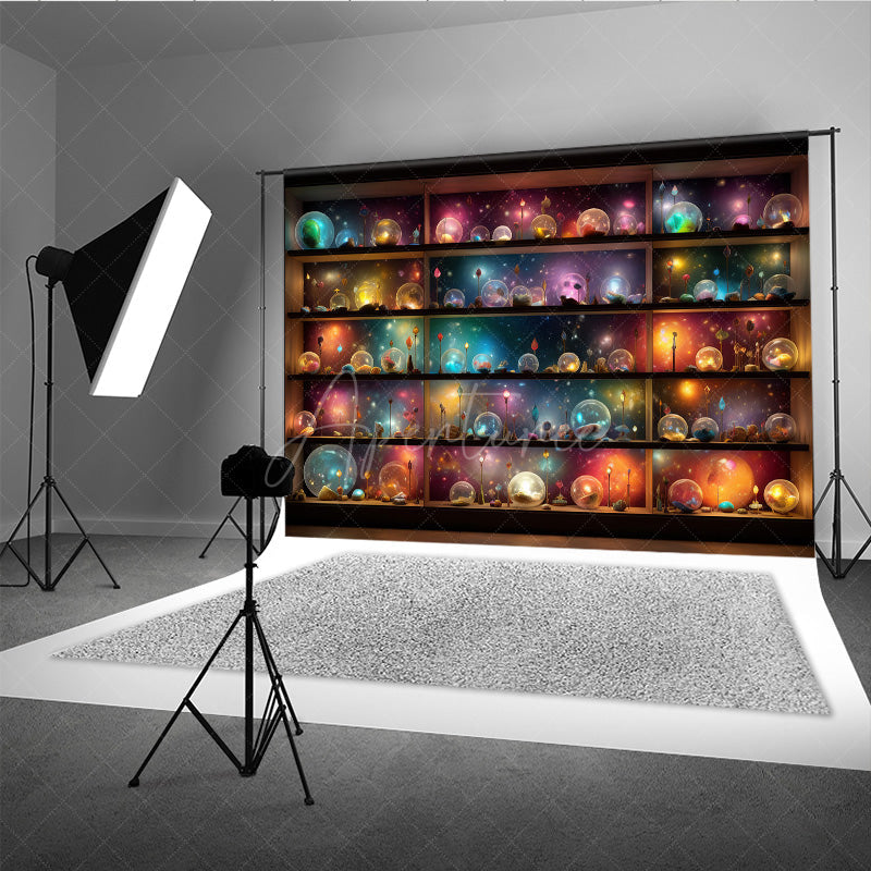 Aperturee - Aperturee Magical Celestial Orbs Photography Backdrop Shelves of Galaxy and Nebula Spheres Fantasy Themed Studio