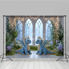 Aperturee - Aperturee Magical Dragon Cake Smash Photo Booth Backdrop Fairytale Castle with String Lights Kids Birthday Photo Background