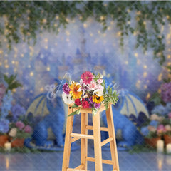 Aperturee - Aperturee Magical Dragon Cake Smash Photography Backdrop Fairytale Castle with String Lights Kids Birthday Photo Background