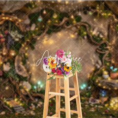 Aperturee - Aperturee Magical Enchanted Forest Photography Backdrop with Sparkling Fairy Lights Glowing Mushrooms and Whimsical Cave Door