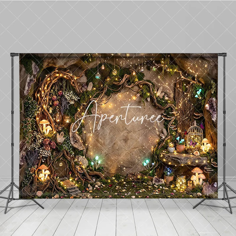 Aperturee - Aperturee Magical Enchanted Forest Photography Backdrop with Sparkling Fairy Lights Glowing Mushrooms and Whimsical Cave Door