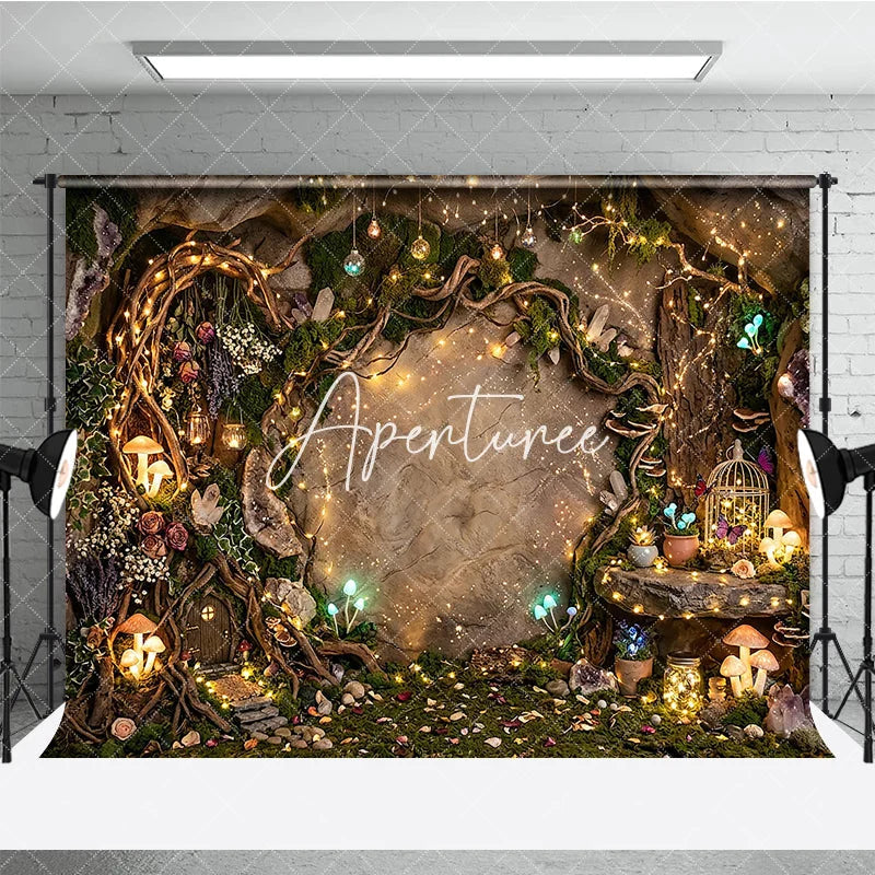 Aperturee - Aperturee Magical Enchanted Forest Photography Backdrop with Sparkling Fairy Lights Glowing Mushrooms and Whimsical Cave Door