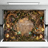 Aperturee - Aperturee Magical Enchanted Forest Photography Backdrop with Sparkling Fairy Lights Glowing Mushrooms and Whimsical Cave Door