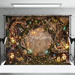 Aperturee - Aperturee Magical Enchanted Forest Photography Backdrop with Sparkling Fairy Lights Glowing Mushrooms and Whimsical Cave Door
