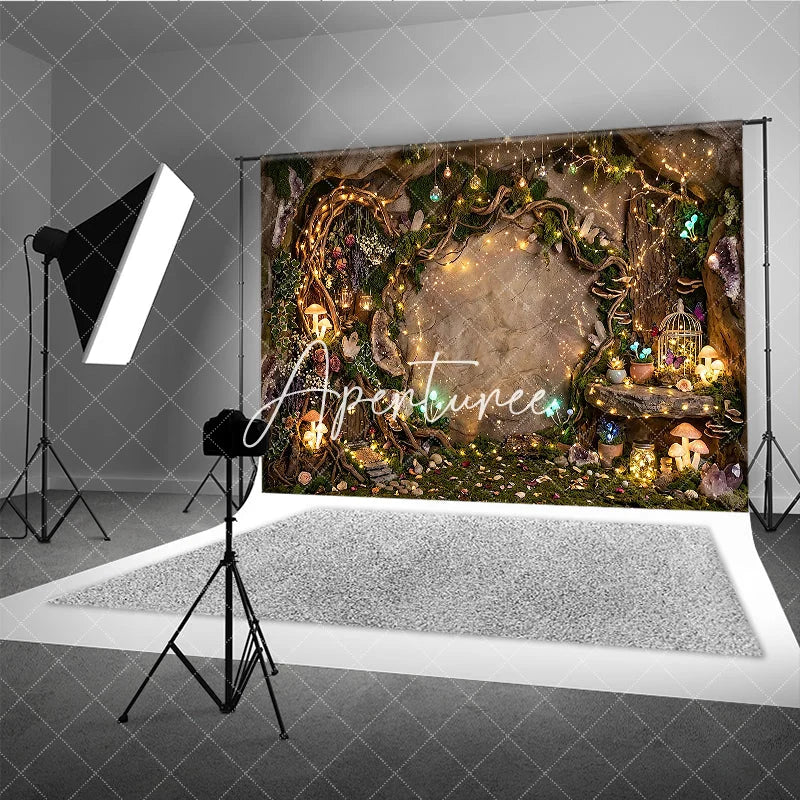 Aperturee - Aperturee Magical Enchanted Forest Photography Backdrop with Sparkling Fairy Lights Glowing Mushrooms and Whimsical Cave Door