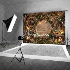 Aperturee - Aperturee Magical Enchanted Forest Photography Backdrop with Sparkling Fairy Lights Glowing Mushrooms and Whimsical Cave Door