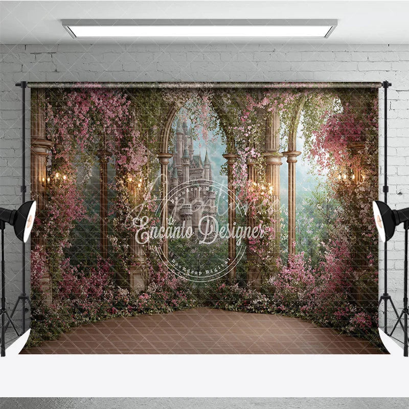 Aperturee - Aperturee Magical Enchanted Garden Fairytale Castle Photography Backdrop Pink Flowers and Stone Arch Columns