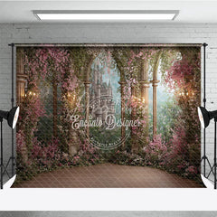 Aperturee - Aperturee Magical Enchanted Garden Fairytale Castle Photography Backdrop Pink Flowers and Stone Arch Columns