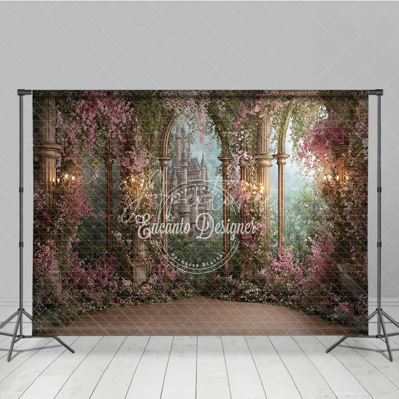 Aperturee - Aperturee Magical Enchanted Garden Fairytale Castle Photography Backdrop Pink Flowers and Stone Arch Columns