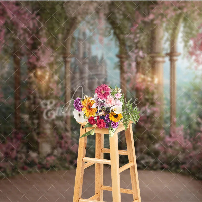 Aperturee - Aperturee Magical Enchanted Garden Fairytale Castle Photography Backdrop Pink Flowers and Stone Arch Columns