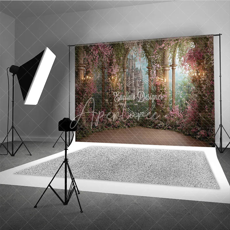 Aperturee - Aperturee Magical Enchanted Garden Fairytale Castle Photography Backdrop Pink Flowers and Stone Arch Columns