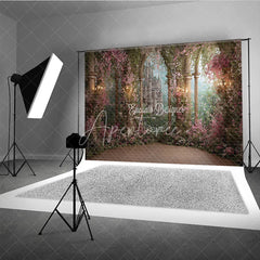 Aperturee - Aperturee Magical Enchanted Garden Fairytale Castle Photography Backdrop Pink Flowers and Stone Arch Columns
