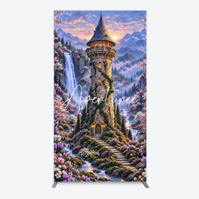 Aperturee - Aperturee Magical Fairy Tale Castle and Waterfall Rectangle Arch Backdrop Enchanted Forest with Cherry Blossoms and Sunset.