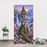Aperturee - Aperturee Magical Fairy Tale Castle and Waterfall Rectangle Arch Backdrop Enchanted Forest with Cherry Blossoms and Sunset.