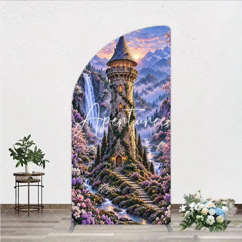 Aperturee - Aperturee Magical Fantasy Castle with Waterfalls and Blooming Flowers Half Moon Arch Backdrop Enchanted Forest Photography Decor