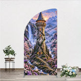 Aperturee - Aperturee Magical Fantasy Castle with Waterfalls and Blooming Flowers Half Moon Arch Backdrop Enchanted Forest Photography Decor