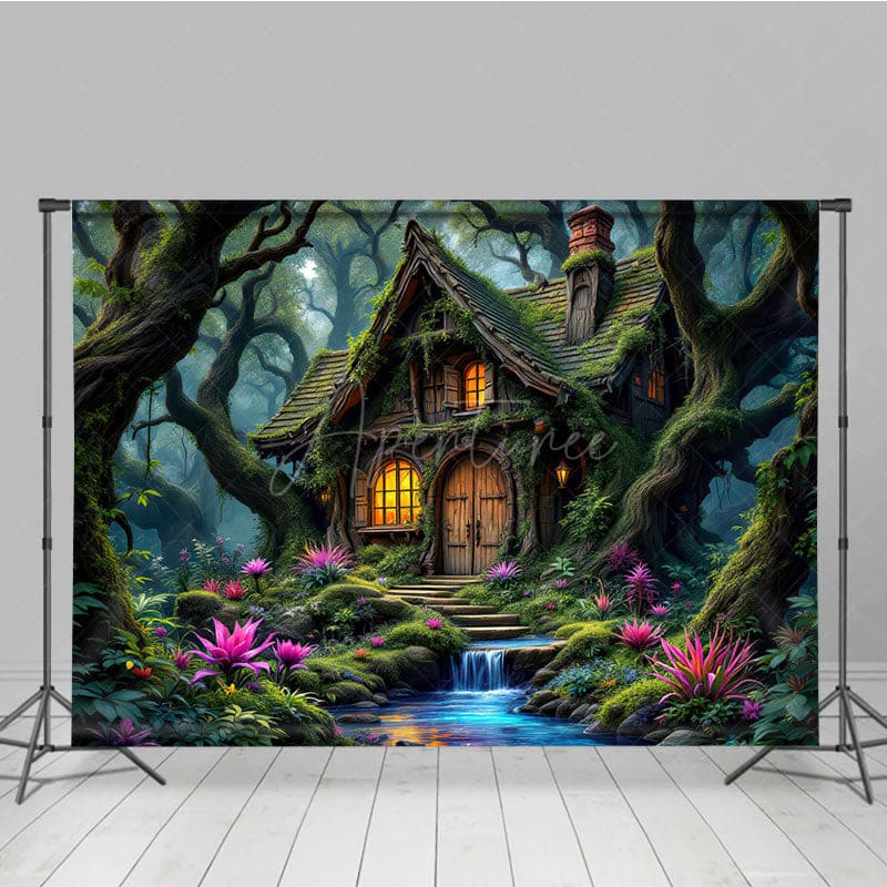 Aperturee - Aperturee Magical Green Forest Tree House Photography Backdrop