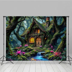 Aperturee - Aperturee Magical Green Forest Tree House Photography Backdrop
