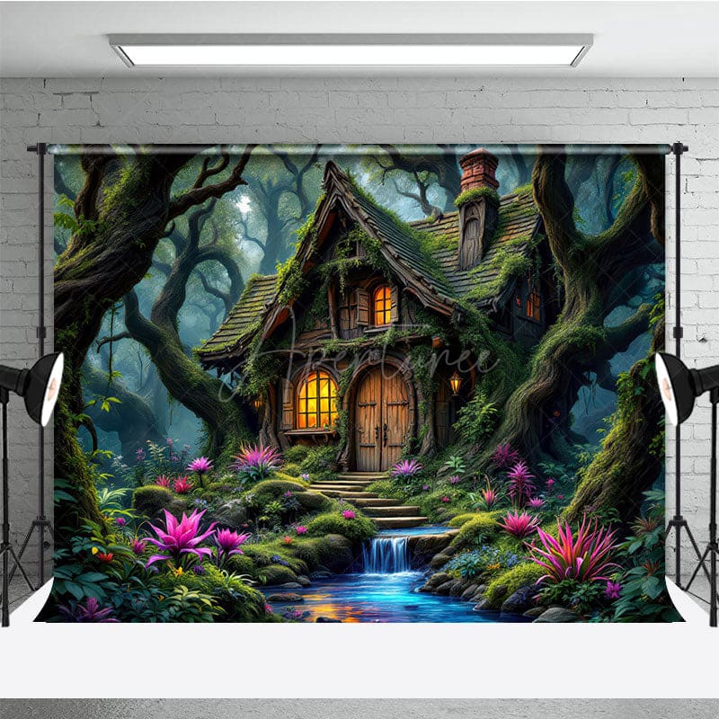 Aperturee - Aperturee Magical Green Forest Tree House Photography Backdrop