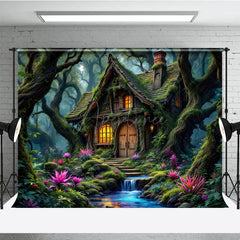 Aperturee - Aperturee Magical Green Forest Tree House Photography Backdrop