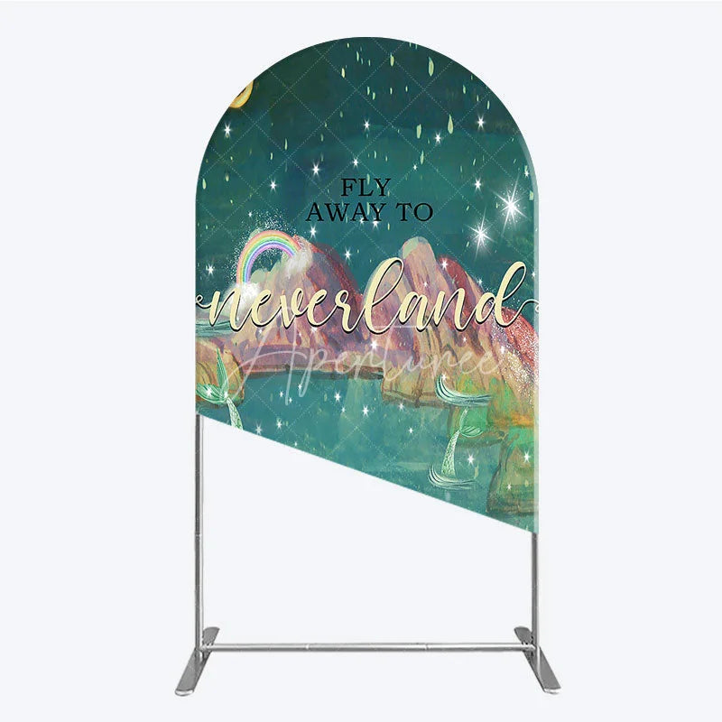 Aperturee - Aperturee Magical Night Sky Round Top Arch Backdrop featuring Stars Moon Rainbow and Mermaid Tails