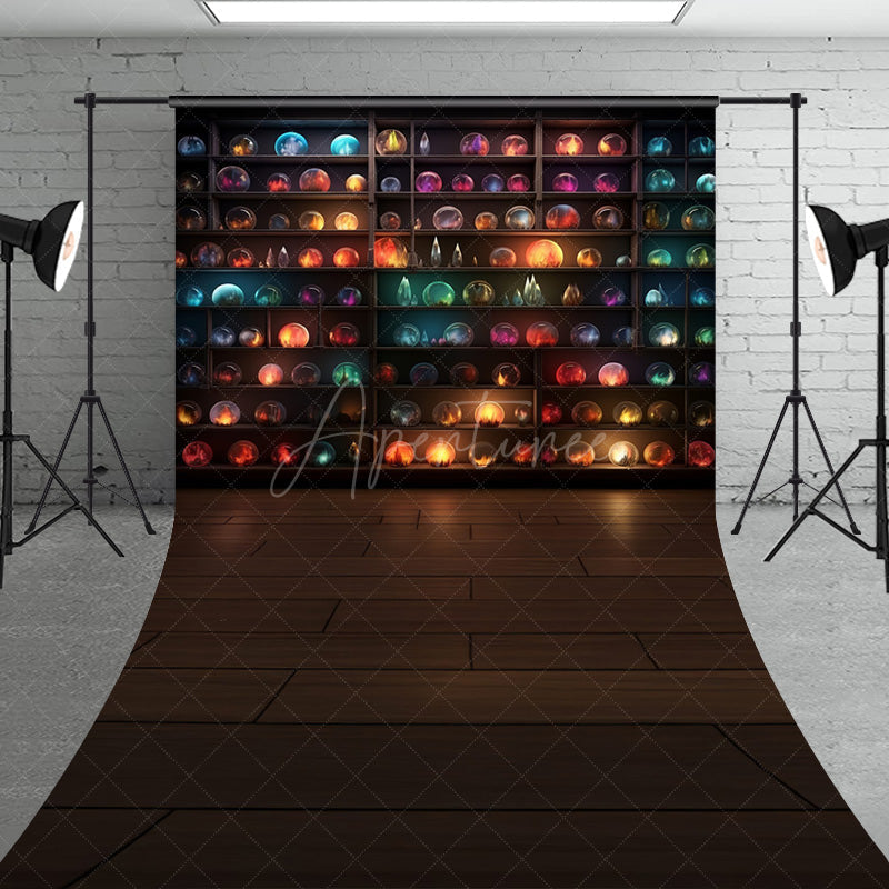 Aperturee - Aperturee Magical Orbs on Shelves Sweep Backdrop Crystal Ball and Galaxy Display Fantasy Themed Studio with Wood Floor