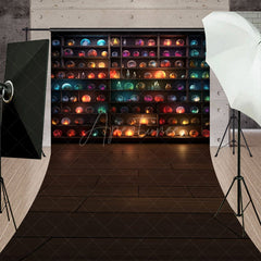 Aperturee - Aperturee Magical Orbs on Shelves Sweep Backdrop Crystal Ball and Galaxy Display Fantasy Themed Studio with Wood Floor
