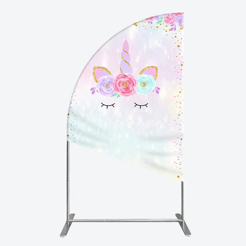 Aperturee - Aperturee Magical Pastel Unicorn Face Half Moon Arch Backdrop with Glitter Horn and Floral Crown Dreamy Birthday Party Decor