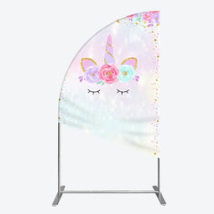 Aperturee - Aperturee Magical Pastel Unicorn Face Half Moon Arch Backdrop with Glitter Horn and Floral Crown Dreamy Birthday Party Decor