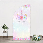 Aperturee - Aperturee Magical Pastel Unicorn Face Half Moon Arch Backdrop with Glitter Horn and Floral Crown Dreamy Birthday Party Decor