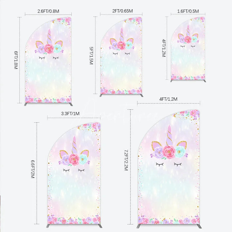 Aperturee - Aperturee Magical Pastel Unicorn Face Half Moon Arch Backdrop with Glitter Horn and Floral Crown Dreamy Birthday Party Decor