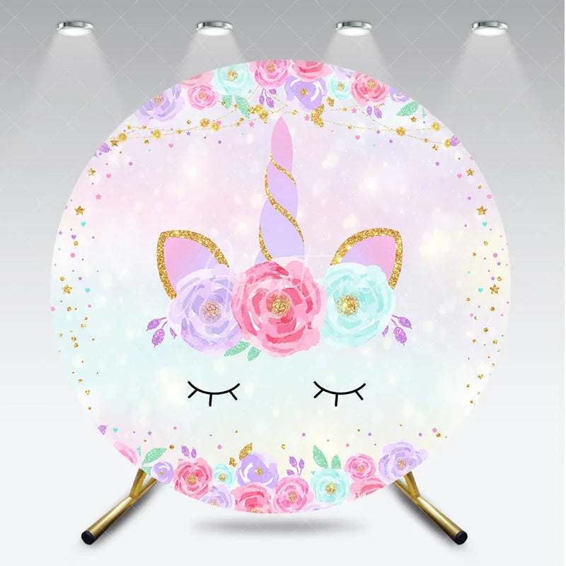 Aperturee - Aperturee Magical Pastel Unicorn Round Backdrop with Floral Wreath and Glitter Stars for Girls Birthday Party