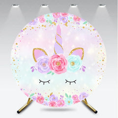 Aperturee - Aperturee Magical Pastel Unicorn Round Backdrop with Floral Wreath and Glitter Stars for Girls Birthday Party