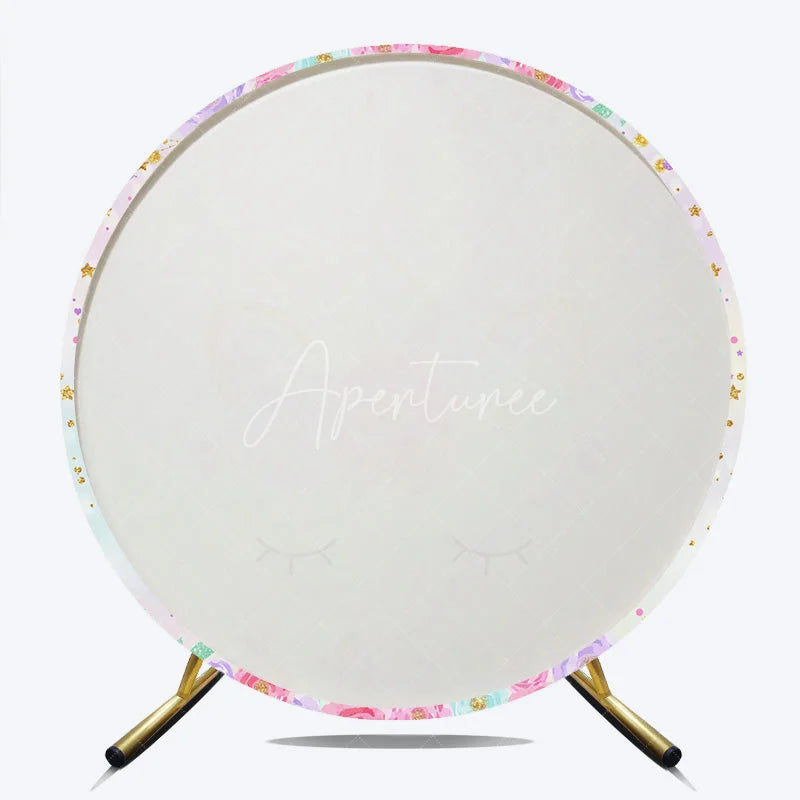 Aperturee - Aperturee Magical Pastel Unicorn Round Backdrop with Floral Wreath and Glitter Stars for Girls Birthday Party