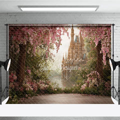 Aperturee - Aperturee Magical Pink Cherry Blossom Fairy Tale Castle Photography Backdrop Enchanted Garden Princess Birthday Party Decor