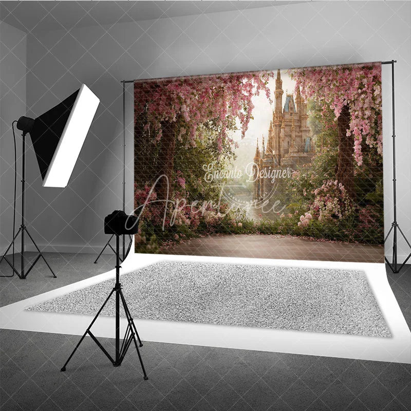 Aperturee - Aperturee Magical Pink Cherry Blossom Fairy Tale Castle Photography Backdrop Enchanted Garden Princess Birthday Party Decor