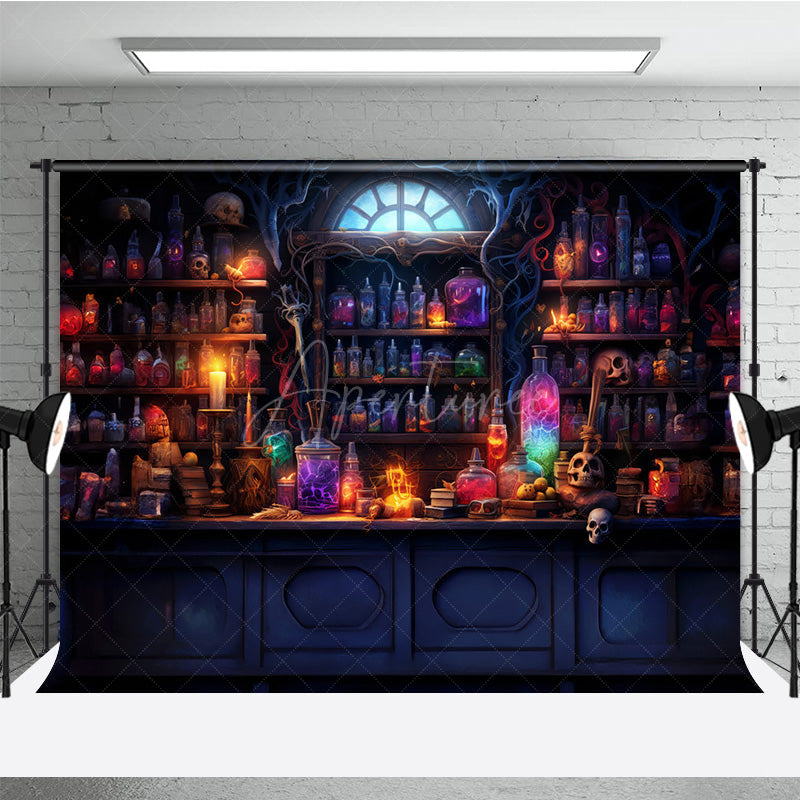 Aperturee - Aperturee Magical Potion Shop Photography Backdrop Wizard’s Lab with Glowing Bottles Fantasy Halloween Themed Studio