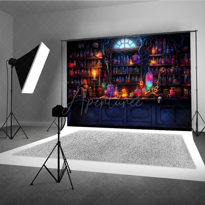 Aperturee - Aperturee Magical Potion Shop Photography Backdrop Wizard’s Lab with Glowing Bottles Fantasy Halloween Themed Studio