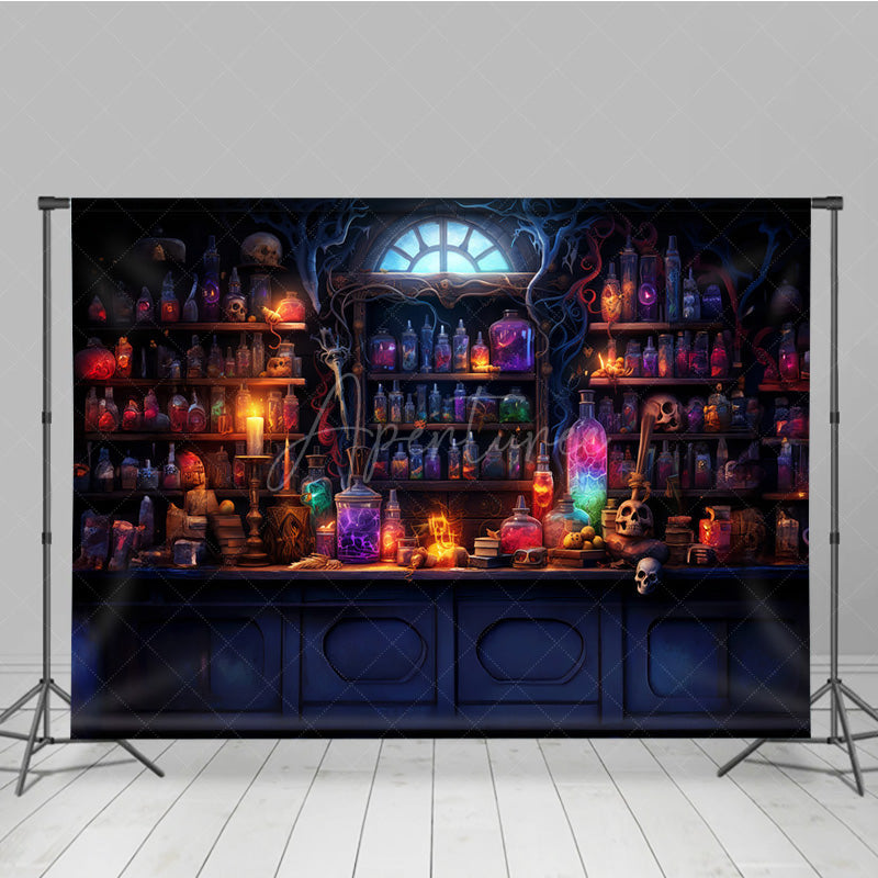 Aperturee - Aperturee Magical Potion Shop Photography Backdrop Wizard’s Lab with Glowing Bottles Fantasy Halloween Themed Studio