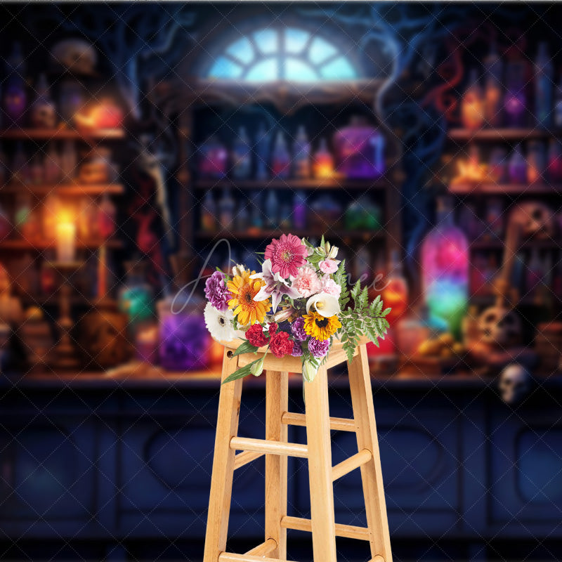 Aperturee - Aperturee Magical Potion Shop Photography Backdrop Wizard’s Lab with Glowing Bottles Fantasy Halloween Themed Studio