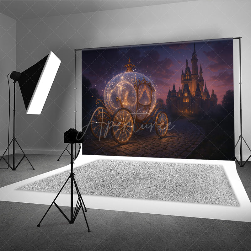 Aperturee - Aperturee Magical Princess Carriage Photography Backdrop Fairytale Castle at Night Cinderella Inspired Birthday Cake Smash