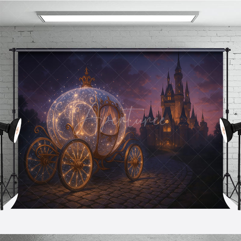 Aperturee - Aperturee Magical Princess Carriage Photography Backdrop Fairytale Castle at Night Cinderella Inspired Birthday Cake Smash