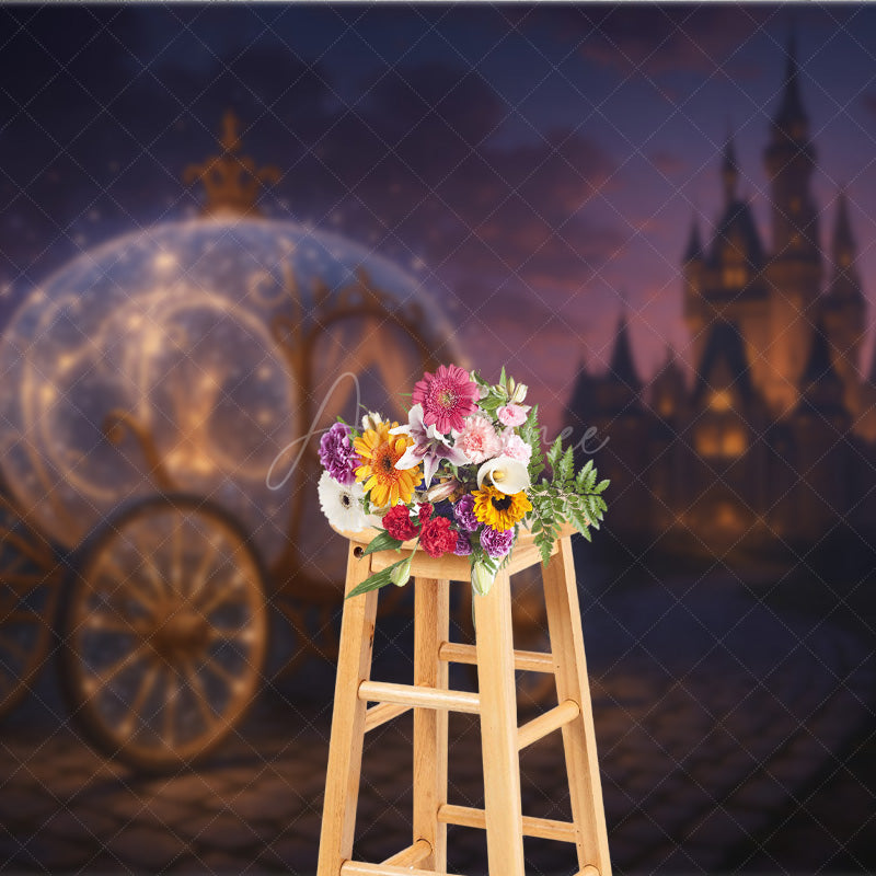 Aperturee - Aperturee Magical Princess Carriage Photography Backdrop Fairytale Castle at Night Cinderella Inspired Birthday Cake Smash