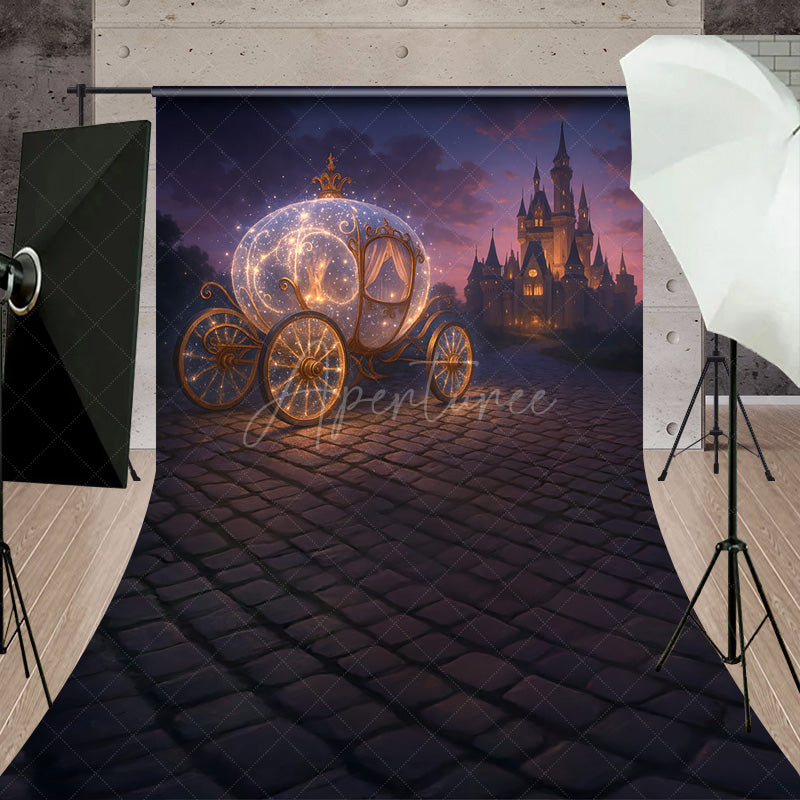Aperturee - Aperturee Magical Princess Carriage Sweep Backdrop Fairytale Castle at Night Cinderella Inspired Birthday Cake Smash