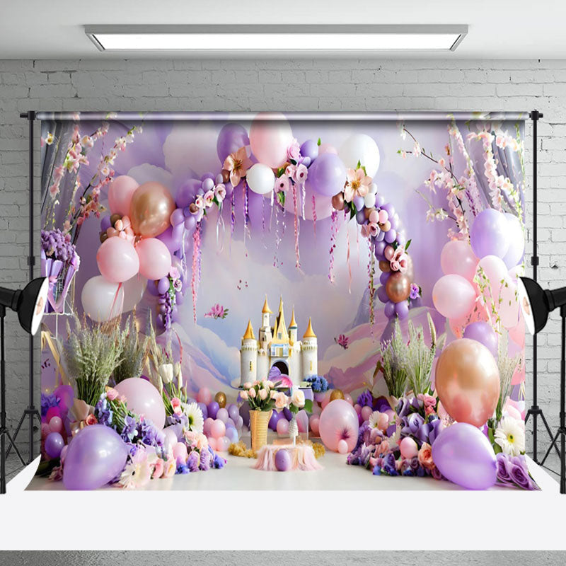 Aperturee - Aperturee Magical Purple Castle Mural Balloon Arch Backdrop