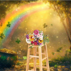 Aperturee - Aperturee Magical Rainbow and Pot of Gold Photography Backdrop featuring Sparkling Shamrocks and an Enchanted Forest Path