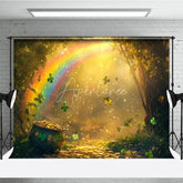 Aperturee - Aperturee Magical Rainbow and Pot of Gold Photography Backdrop featuring Sparkling Shamrocks and an Enchanted Forest Path